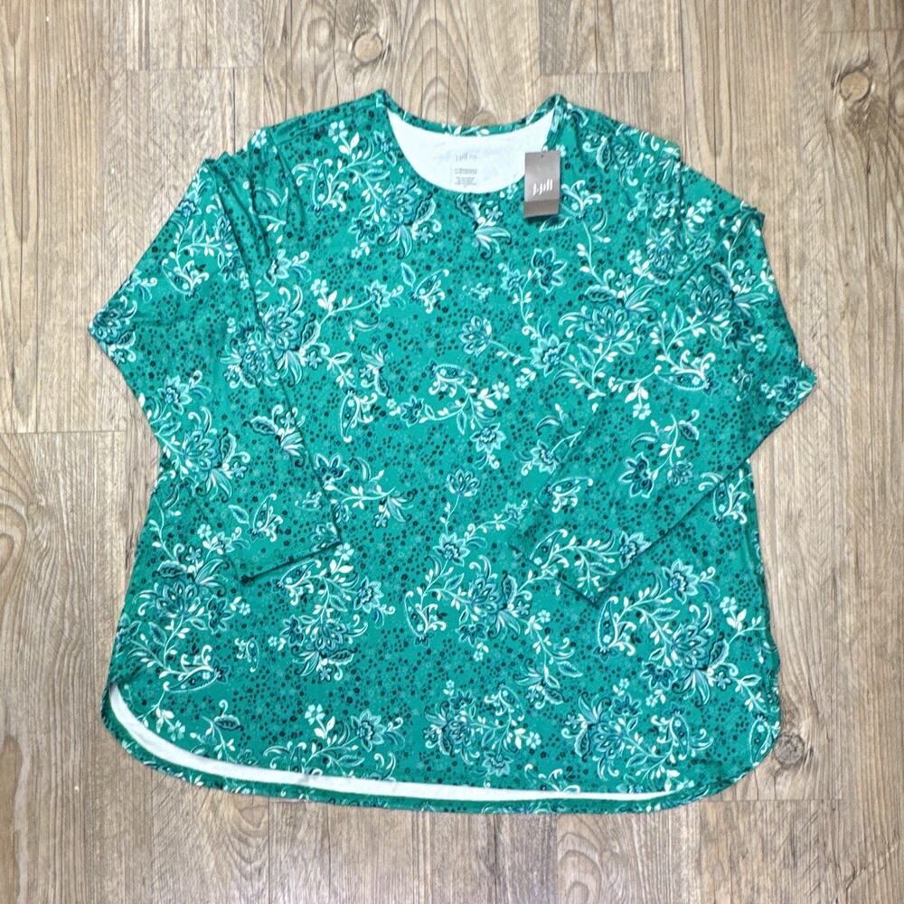 J. Jill Green White Floral Botanical Knit Top Shirt Long Sleeve Tag XXL